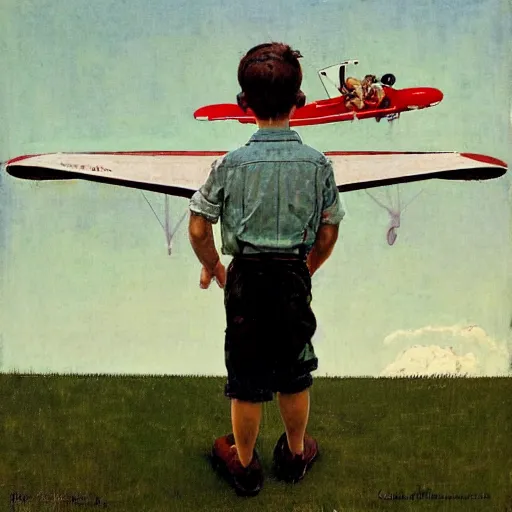 Image similar to a Norman Rockwell painting of a boy and his small airplane