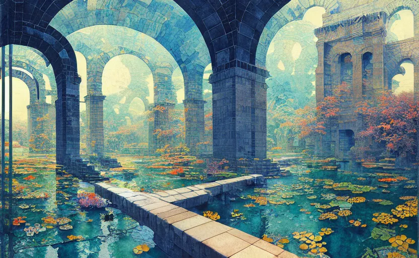 Image similar to tiled room squared waterway, aqueducts, fantasy. intricate, amazing composition, colorful watercolor, by ruan jia, by maxfield parrish, by marc simonetti, by hikari shimoda, by robert hubert, by zhang kechun, illustration, gloomy