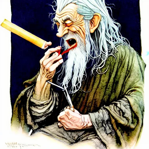 Image similar to a realistic and atmospheric watercolour fantasy character concept art portrait of gandalf with bloodshot eyes laughing and smoking weed out of his pipe by rebecca guay, michael kaluta, charles vess and jean moebius giraud