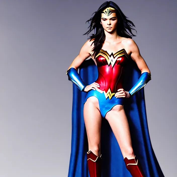 Image similar to professional full length photograph of kendall jenner as wonder woman. Extremely detailed. 8k