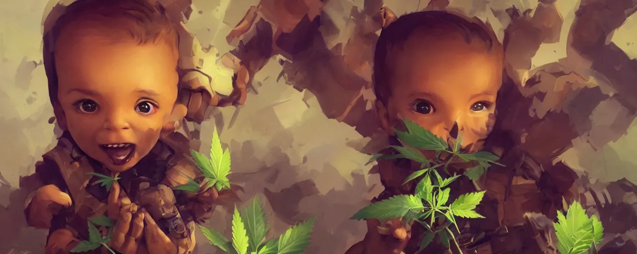 Image similar to portrait cute baby cannabis, marijuana, baby groot, realistic shaded perfect face, cinematic volumentric lighting, jim cheung, david marquez, mike deodato jr, ilya kuvshinov, makoto shinka, behance hd by jesper ejsing, by rhads, hyper detailed, octane render, concept art, artstation