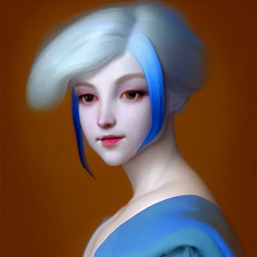 Image similar to a young woman's face, her hair is white and she wears a cobalt blue satin cloak, by ivan aivazovsky and syd mead and moebius and gaston bussiere and roger dean and pieter claesz and paul delaroche and alma tadema and aelbert cuyp, hyperrealistic, volumetric light, octane render