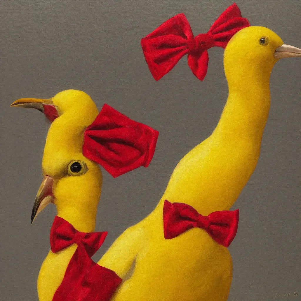 Prompt: A beautiful and elegant oil painting of a yellow bird wearing a crown and a red bow tie, 50mm lens, studio lighting, oil painting, matte, close up, 4k, by Sandro Boticceli