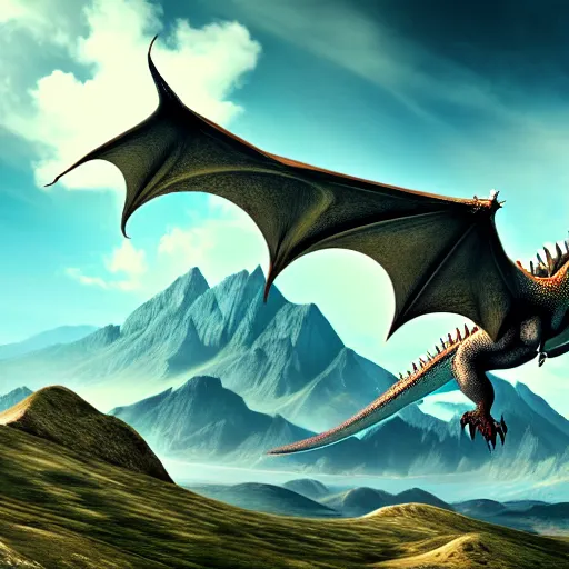 Prompt: a vast landscape of mountains and sky with a group of hyper detailed dragons flying through the sky photorealistic