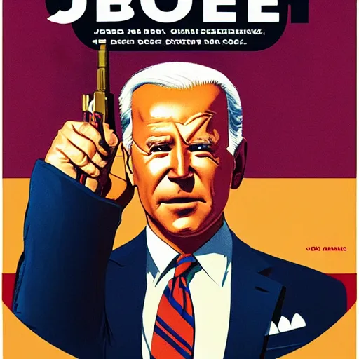 Prompt: propaganda poster of joe biden pointing gun directly at camera in james bond mobie, closeup of gun, visible barrel and grip by j. c. leyendecker, bosch, lisa frank, jon mcnaughton, and beksinski
