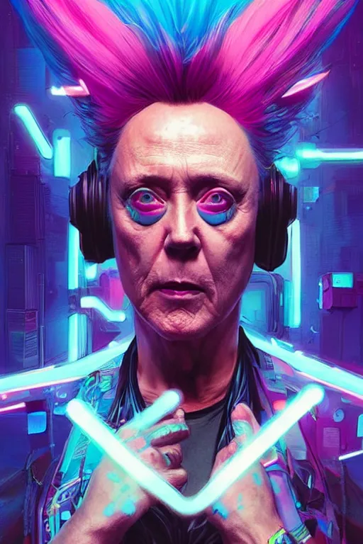 Prompt: a cyberpunk christopher walken with blue and pink hair, neon colors, hyper detailed, digital art, cinematic lighting, concept art by artgerm and greg rutkowski and moebius and jakub rebelka
