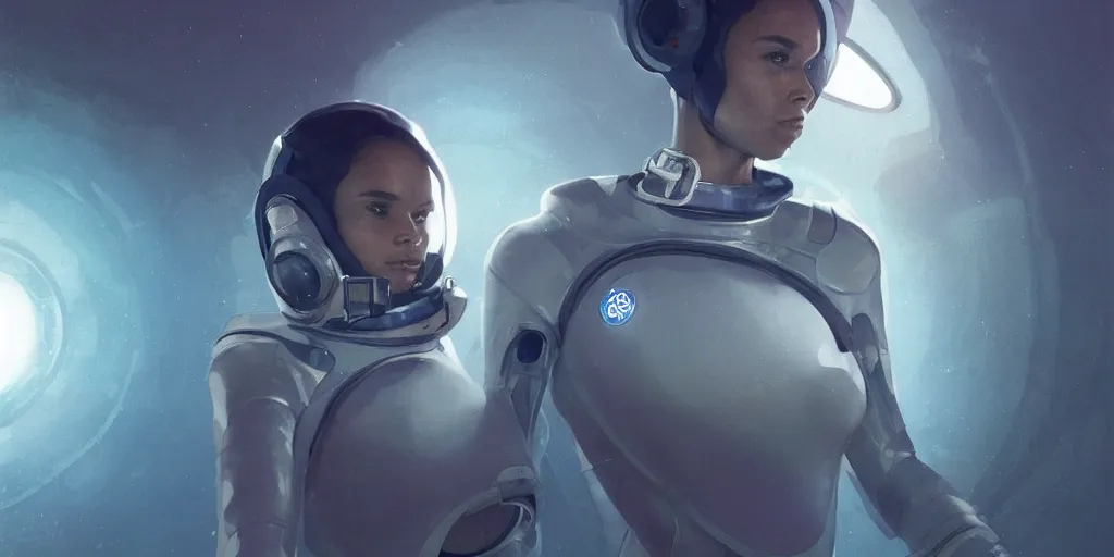 Image similar to one Zoe Kravitz with short hair as a futuristic astronaut, helmet with led lights, alone , underwater in the ocean at night, clear water, volumetric lighting, glowing lights, 4k, octane, digital painting, artstation, concept art, sharp focus, illustration, art by artgerm and greg rutkowski and alphonse mucha , wide angle view,