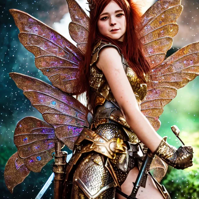 Image similar to full body photo of a fairy warrior wearing sparkly armour, highly detailed, 4 k, hdr, smooth, sharp focus, high resolution, award - winning photo