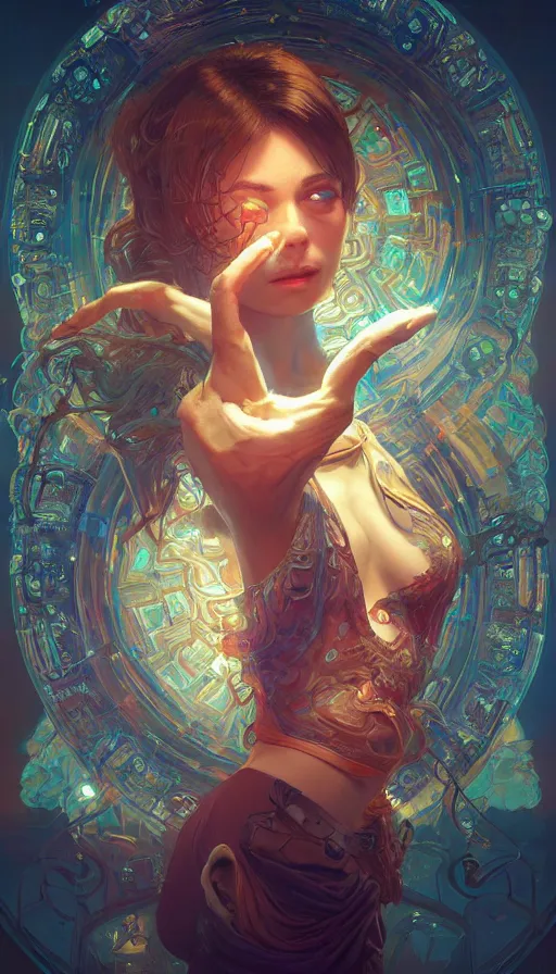 Image similar to entertainer, neon, fibonacci, sweat drops, insane, intricate, highly detailed, digital painting, artstation, concept art, smooth, sharp focus, illustration, Unreal Engine 5, 8K, art by artgerm and greg rutkowski and alphonse mucha