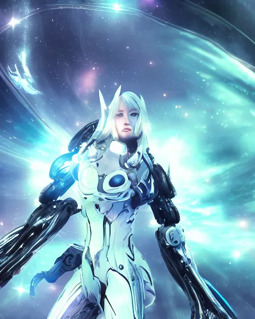 Image similar to photo of a android girl on a mothership, warframe armor, beautiful face, scifi, nebula, futuristic background, galaxy raytracing, dreamy, focused, sparks of light, complex, long white hair, blue cyborg eyes, glowing, 8 k high definition, insanely detailed, intricate, innocent, art by akihiko yoshida, antilous chao, woo kim