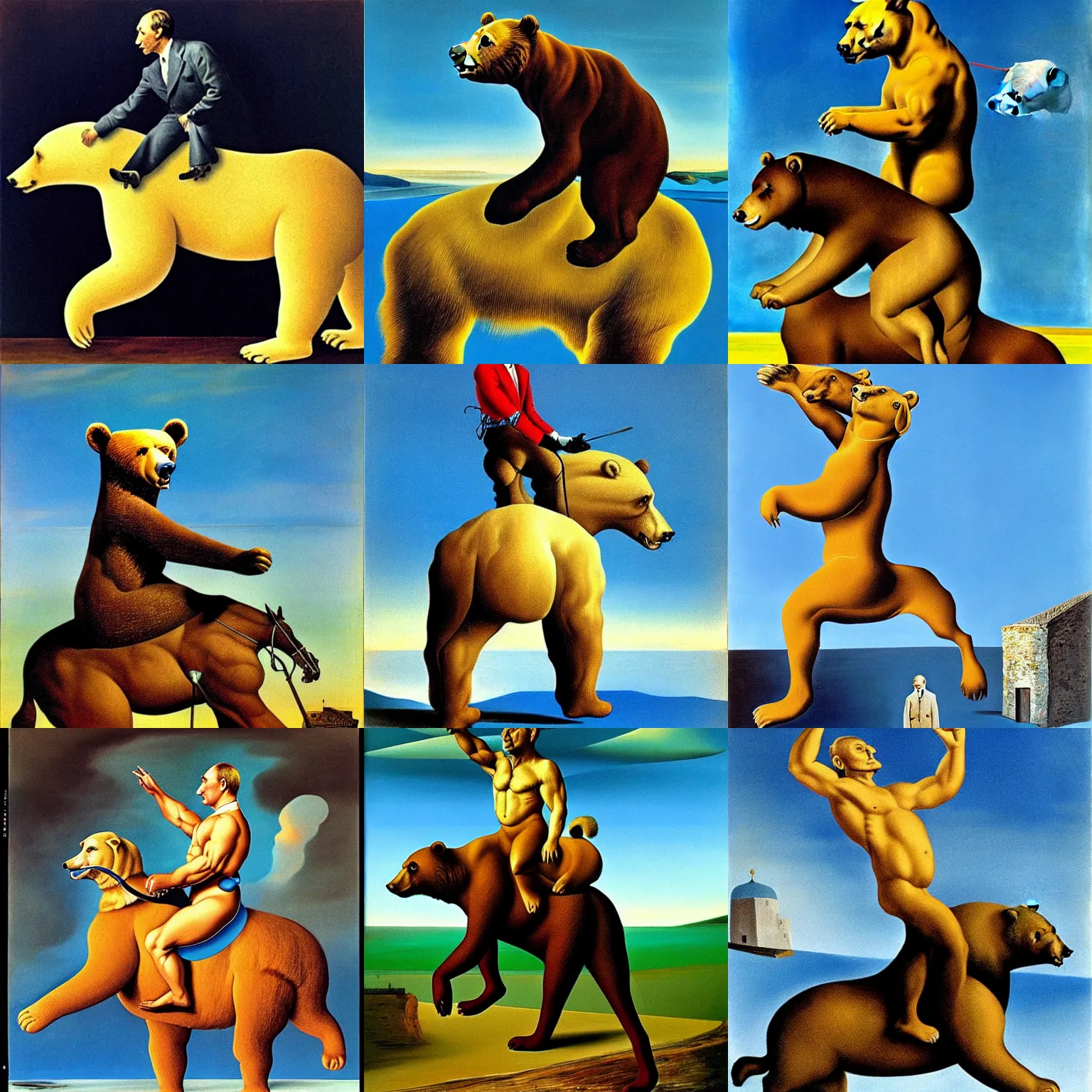 Prompt: profile putin riding a bear, art by salvador dali, surrealist