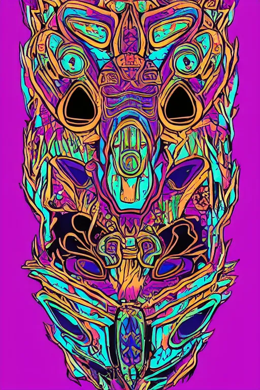 Image similar to animal mask totem roots flower tribal feather gemstone plant wood rock shaman vodoo video game vector cutout illustration vivid multicolor borderlands comics by josan gonzales and dan mumford radiating a glowing aura