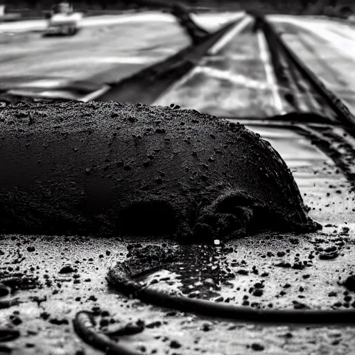 Image similar to mysterious black slime, black gooey liquid leaking out of crashed cargo ship, apocalyptic, ruined, 8 5 mm f / 1. 4