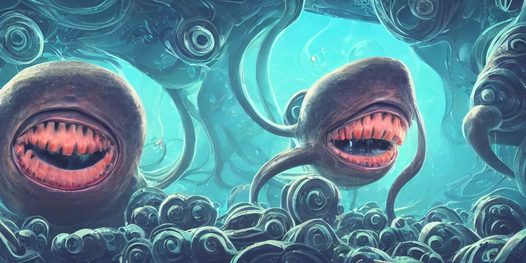 Prompt: of an intricate deep sea with strange cute friendly happy creatures with huge eyes, mouth, long tongue, round teeth and goofy face, appearing from the background, in the style of gehry and gaudi, macro lens, shallow depth of field, ultra detailed, digital painting, trending artstation, concept art, illustration, cinematic lighting, photorealism, epic, octane render