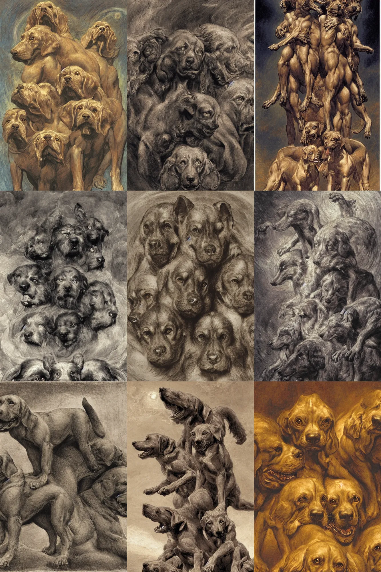 Prompt: cerberus hyperdetailed matte art of a three headed dog cerberus by william blake, ilya repin, alex horley, johfra bosschart, craig mullins, three head one body, details