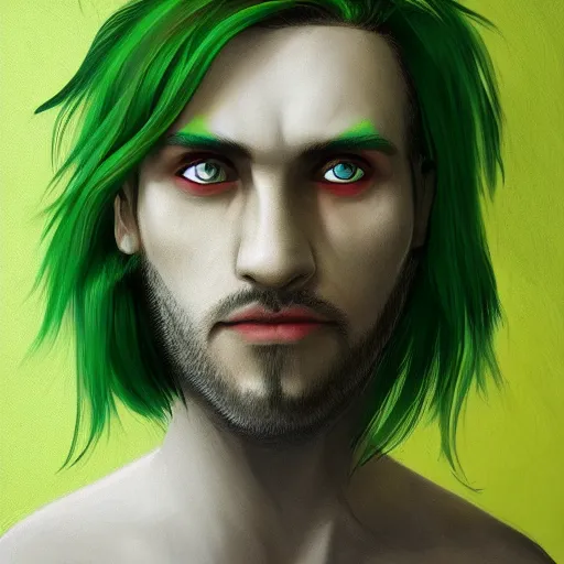 Prompt: portrait of a man with green hair, with eyes that look like a clock, trending on artstation