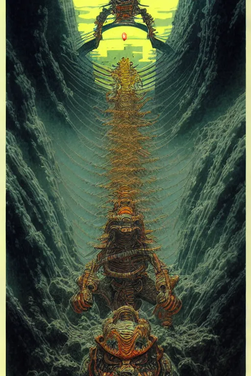 Prompt: japanese oni, character portrait, portrait, close up, concept art, intricate details, highly detailed, soft light, vintage sci - fi poster, in the style of chris foss, rodger dean, moebius, michael whelan, and gustave dore