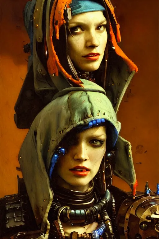 Image similar to full character portrait max mad cyberpunk warhammer 4 0 k, tech priest not the girl with the pearl earring character design, painting by gaston bussiere, katsuya terada, wyeth, craig mullins, hiroshi yoshida, ( ( ( ( ( vermeer ) ) ) ) ), frank frazetta, mucha, tom of finland, trending on artstation