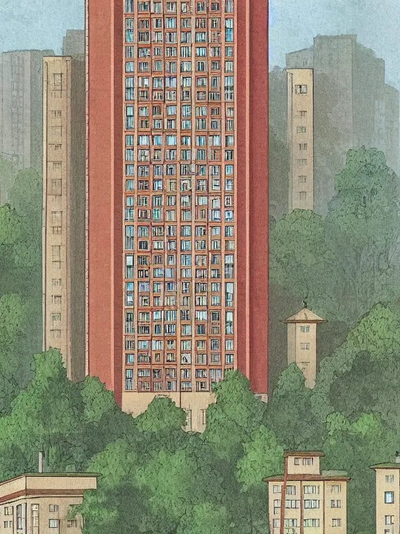 Image similar to Photo of Soviet apartment building, isometric, Shishkin, Ghibli