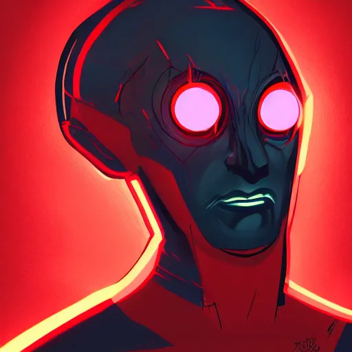 Prompt: a superhero standing in a dark room looking to the camera with glowing red eyes while everything as is dark and black, bold, sharp, artstation, digital art