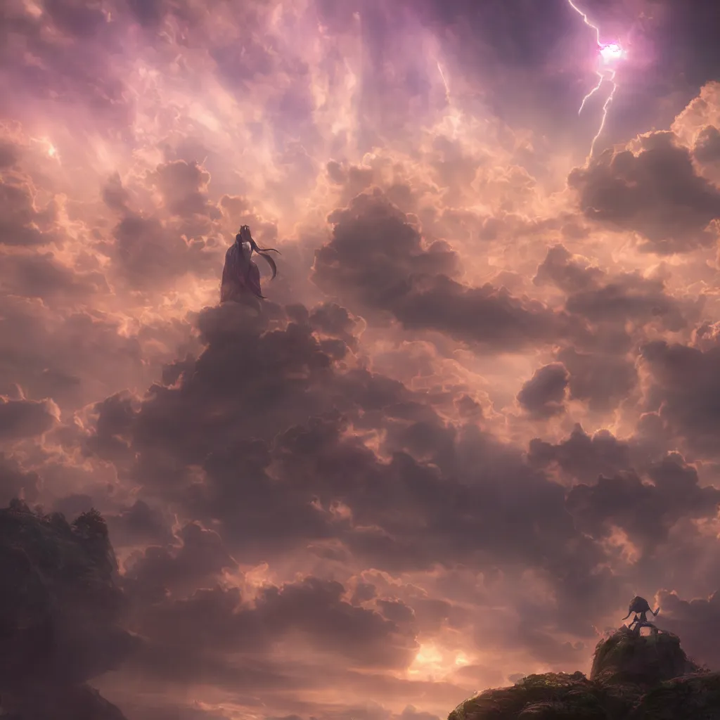 Image similar to fantasy in sky with air magic, at gentle dawn pink light, cinematic lighting, volumetric lighting, smooth, sharp focus, highly detailed, render in unreal engine 5, artstation, deviantart, behance, trending,, epic composition, hd, octane, unreal engine, volumetric lighting, light rays, masterpiece, award - winning