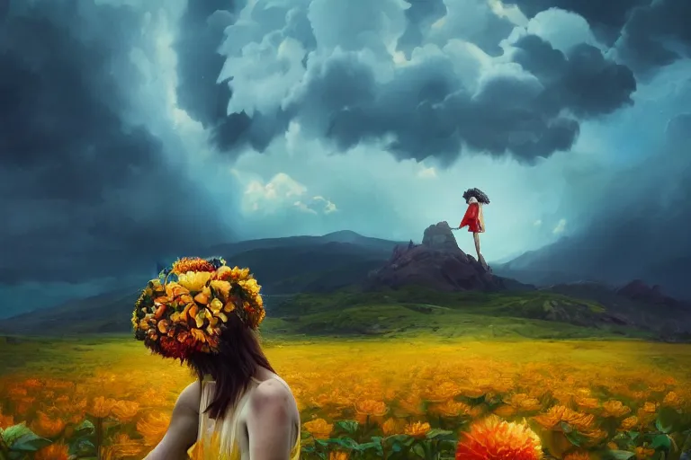 Image similar to giant dahlia flower crown under head, portrait girl on mountain, surreal photography, blue storm clouds, dramatic light, impressionist painting, digital painting, artstation, simon stalenhag