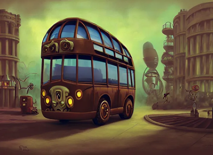 Image similar to matte sharp painting, a steampunk bus, juxtapoz, artforum, gary baseman, preston blair, tex avery, dan mumford, pedro correa