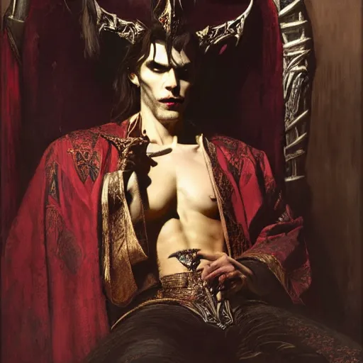 Image similar to perfectly centered portrait of attractive vampire king in a robe sitting on a throne of bones, highly detailed painting by gaston bussiere, craig mullins, j. c. leyendecker, 8 k