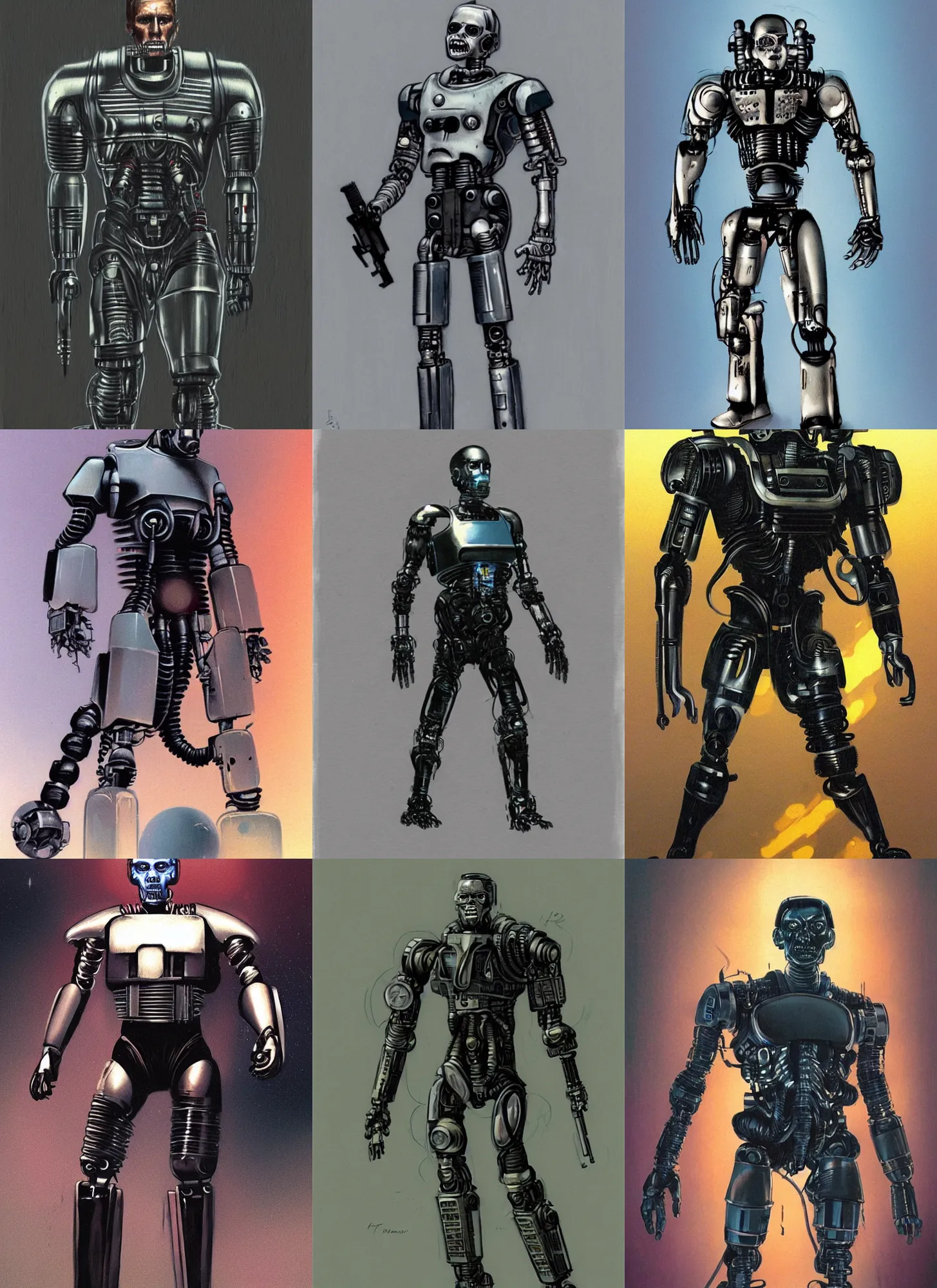 Prompt: full body concept illustration of a retro sci - fi humanoid terminator by john harris