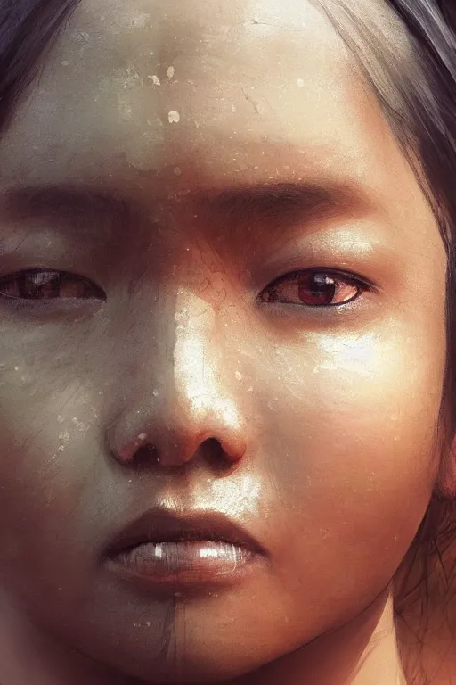 Image similar to a young nepalese woman, close-up portrait, poor, intricate, elegant, volumetric lighting, scenery, digital painting, highly detailed, artstation, sharp focus, illustration, concept art,ruan jia, steve mccurry