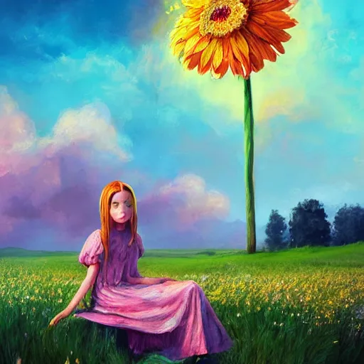 Image similar to giant daisy flower as head, girl sitting in a flower field, surreal photography, sunrise, dramatic light, impressionist painting, colorful clouds, digital painting, artstation, simon stalenhag