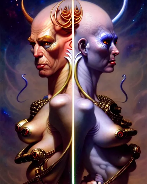 Image similar to beautiful gemini good and evil fantasy character portrait, ultra realistic, wide angle, intricate details, the fifth element artifacts, highly detailed by peter mohrbacher, hajime sorayama, wayne barlowe, boris vallejo, aaron horkey, gaston bussiere, craig mullins