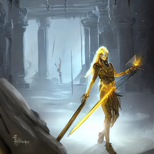 Image similar to Concept art of swordsman with yellow eyes carrying a torch inside a decaying ancient fantasy temple. She wears a rusty silver armor, trending on artstation, dark fantasy, concept art