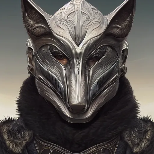 Prompt: Very very very very highly detailed epic photo of face with wolf venetian mask, intricate, dystopian, sci-fi, extremely detailed, digital painting, artstation, concept art, smooth, sharp focus, illustration, intimidating lighting, incredible art by Artgerm and Brom and Vincent di Fate