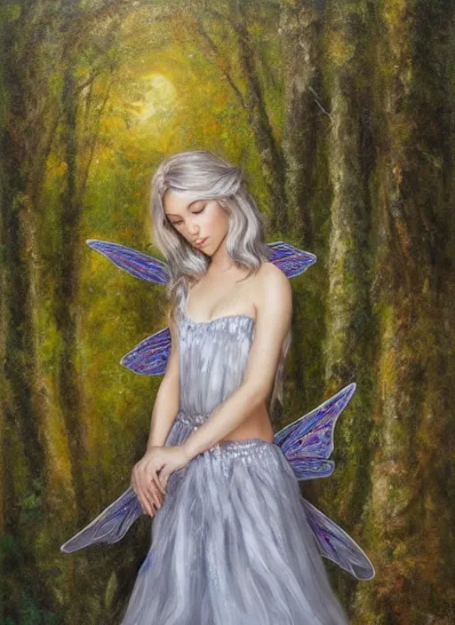 Prompt: beautiful oil painting full body portrait of fairy princess princess soft skin silver hair standing in forest, wings, diadem