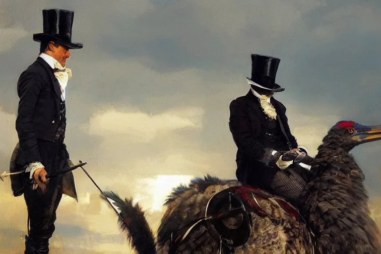Image similar to portrait of a respectable dignified royal business elite politician wearing a top hat and coat tails riding on an emu, art by anders zorn, wonderful masterpiece by greg rutkowski, beautiful cinematic light, american romanticism by greg manchess, jessica rossier