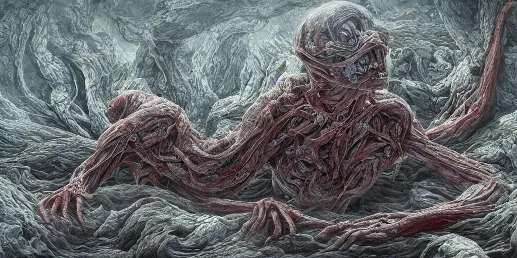 Image similar to skin folded like a blanket, veins, muscle tissue, blue veins underneath the skin, sub surface scattering, smooth, disturbing, highly interesting, masterpiece, 4 k, the thing, horror, cosmic horror, junji ito, larry elmore, gediminas pranckevicius, h. r. giger,