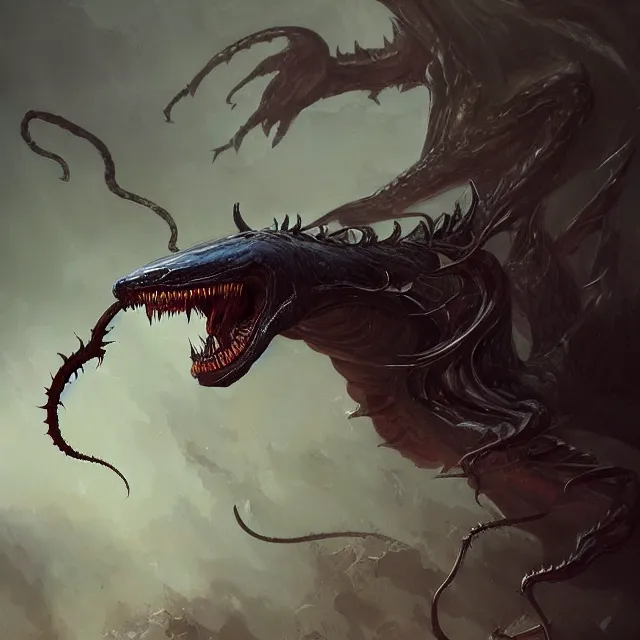 Image similar to a painting of a venom dragon by greg rutkowski, dark fantasy art, high detail, trending on artstation