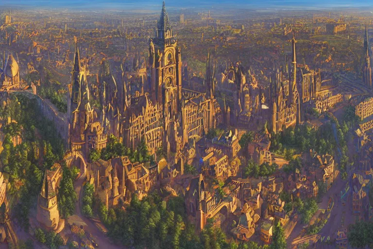 Image similar to an ultra detailed matte landscape painting of an german renaissance capital city built on top of a large hill with many tall spirally towers, sweeping vista, german renaissance architecture, ultrawide lens, aerial photography, 8 k, volumetric lighting, smooth, highly detailed, digital illustration, art by greg rutkowski and akira toriyama and artgerm