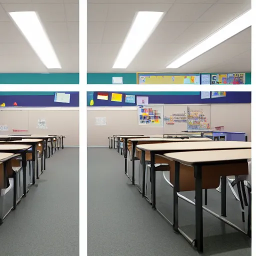 Prompt: two images of a classrooms with slight differences