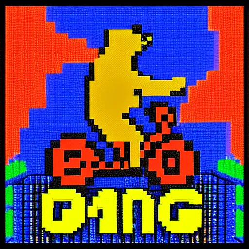 Image similar to bear riding bike shooting gun, 8bit style