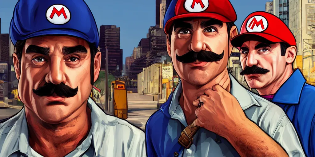 Prompt: a realistic man that looks like Mario in GTA V, Cover Art by Stephen Bliss, Boxart, Loading Screen. 8k Resolution