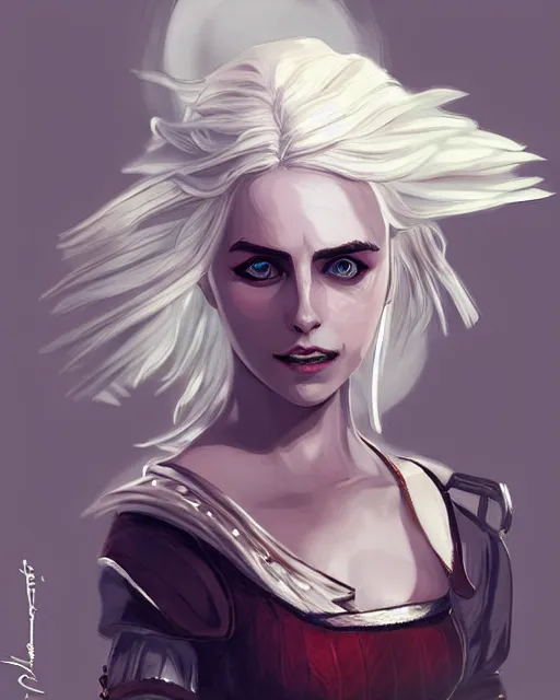 Image similar to Ciri from Witcher 3 by Viorie and Toni Infante and Timothy Kong, wearing haute couture by schiaparelli, sharp focus, sun rays, intricate, elegant, highly detailed, digital painting, masterpiece.