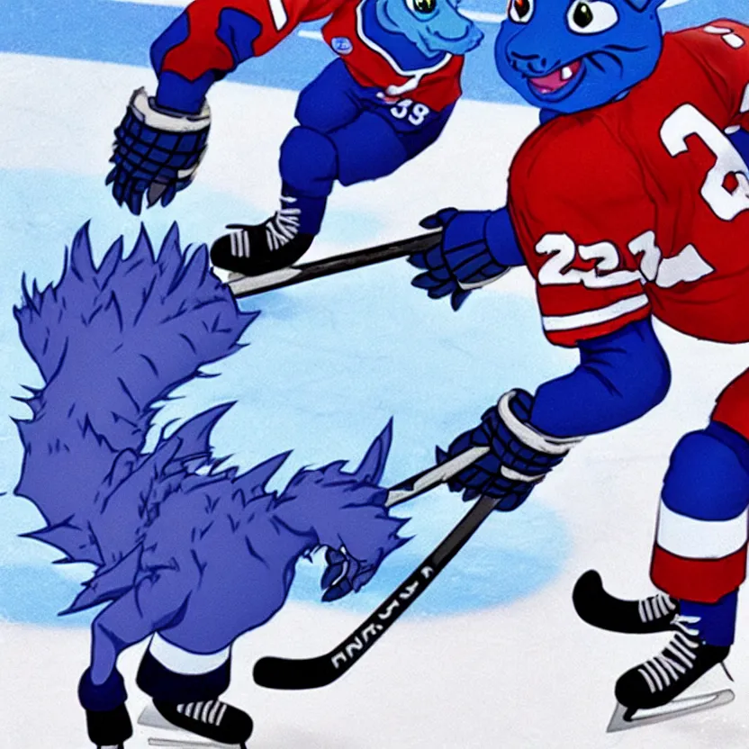 Prompt: film still of an anthropomorphic male blueberry dragon fursona in ice hockey gear, highly detailed, sharp focus, by satoshi kon