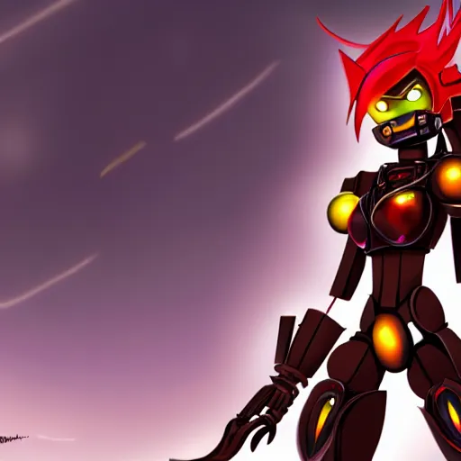 Image similar to highly detailed exquisite fanart, of Makuta Antroz from Bionicle, but as an anime girl with Golden Eyes and Red Hair, red metal armor, close-up shot, bat wings, epic cinematic shot, professional digital art, high end digital art, singular, realistic, captura, DeviantArt, artstation, Furaffinity, 8k HD render