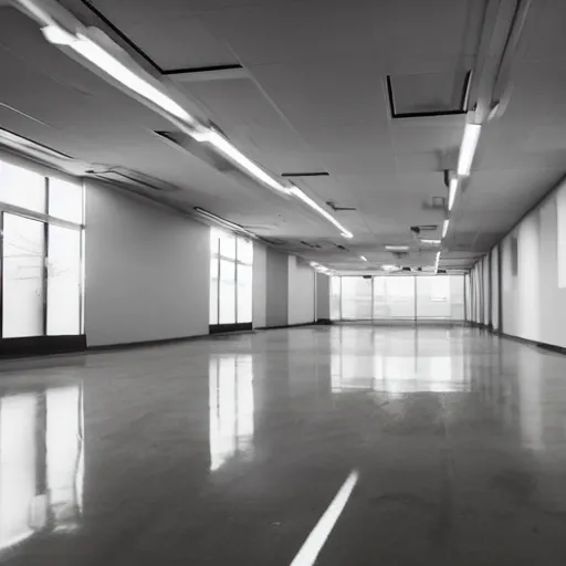 Image similar to an empty abandoned office building with fluorescent lighting, paper cluttered across the floor, endless rooms, liminal space, uneasy, flickering lights, scp, the backroom