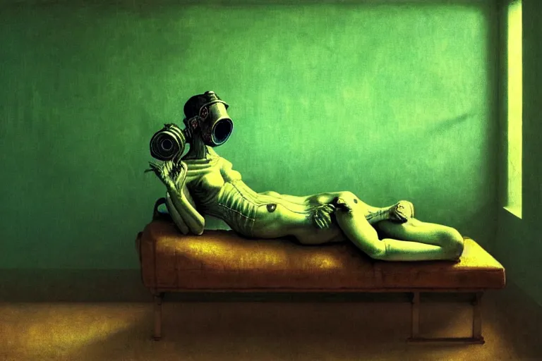 Image similar to anatomically correct girl with wearing a gas mask lying on the sofa reading a book in her room, in the style of beksinski, solarpunk, exact anatomy, atmospheric, clean, intricate and epic composition, green by caravaggio, insanely quality, highly detailed, masterpiece, blue light, artstation, 4 k