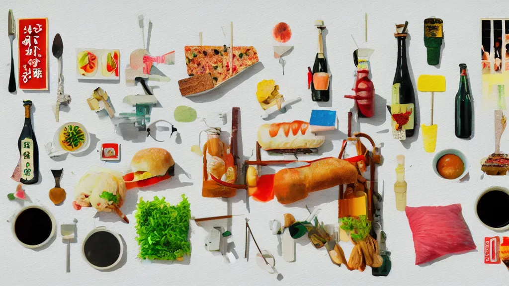 Prompt: an arrangement of foodie traveller props, japan, a collage painting, in the style of wes anderson, lola dupre, david hockney, isolated on negative white space background dark monochrome neon spraypaint accents volumetric octane render