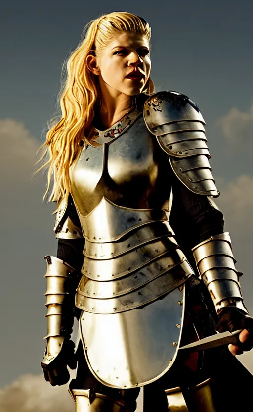 Prompt: katheryn winnick in a knight armor, full plate, photography, movie poster, red lipstick, leather, blood stains, blood dripping, blade, hair in the wind, shiny metal armor, gold, victorious on a hill, battlefield, blue sky, sunshine, lens flare, hard light, full body, sword pointed at sky, severed head