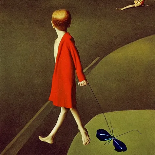 a boy taking his enlarged butterfly for a walk, a | Stable Diffusion ...